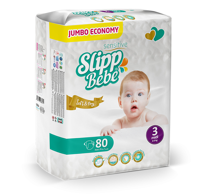 Slipp Bebe Sensitive Soft & Dry – Midi (4–9 kg) Jumbo Economy / 80 pcs 👶🍼