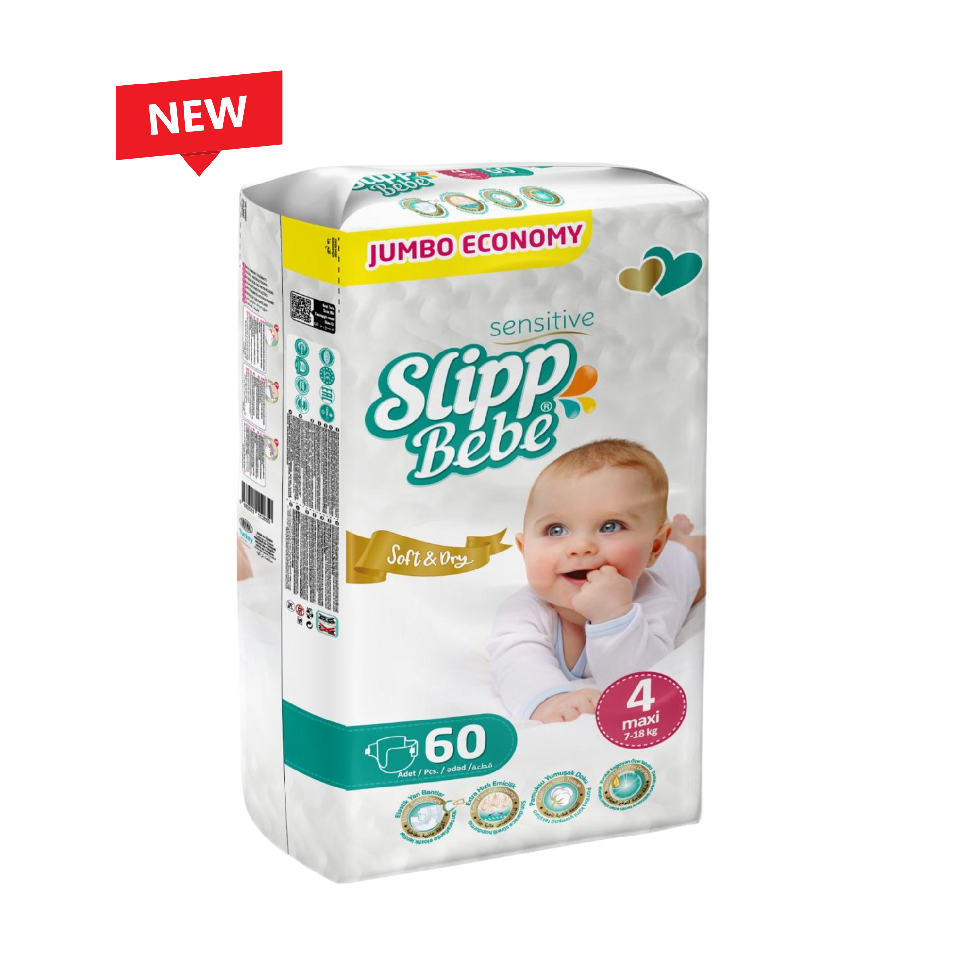 Slipp Bebe Sensitive Soft & Dry – Maxi (7–18 kg) Jumbo Economy Mini / 60 pcs 👶🍼